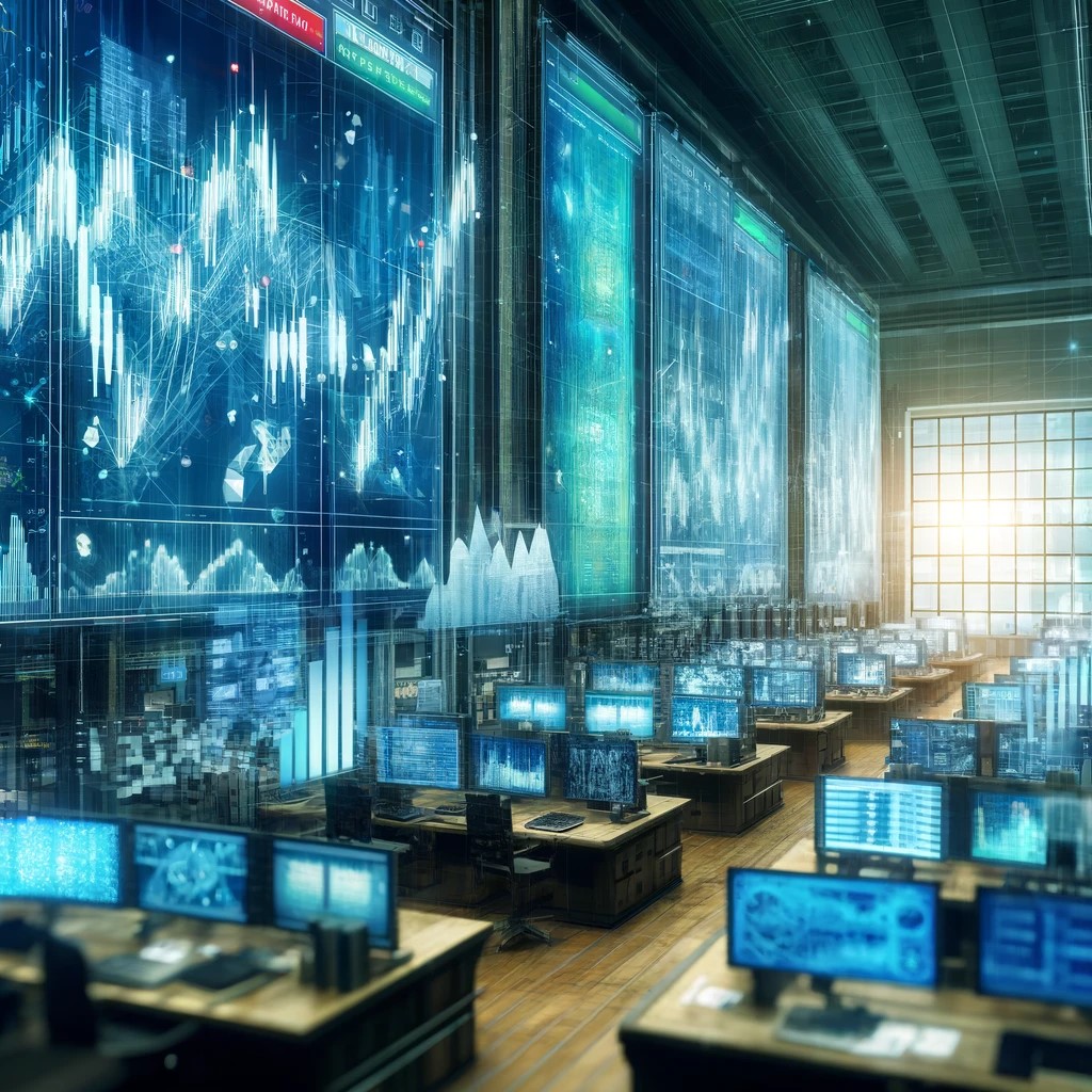 DALL·E 2024-05-14 19.51.23 - A digital illustration of a busy stock trading floor with multiple screens displaying complex graphs and data analytics, symbolizing algorithmic tradi