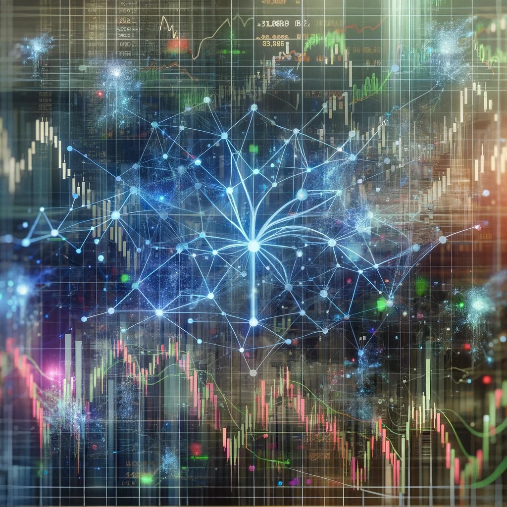 DALL·E 2024-05-14 19.51.24 - An abstract representation of machine learning models working on stock market predictions. The image features neural network diagrams with interconnec