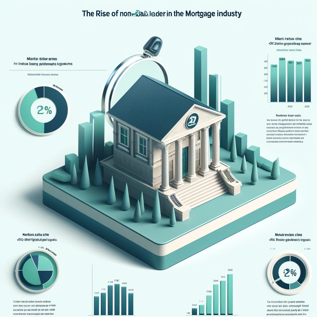 DALL·E 2024-05-14 20.25.32 - An infographic depicting the rise of non-bank lenders in the mortgage industry. The graphic should illustrate statistics and trends, showing the marke