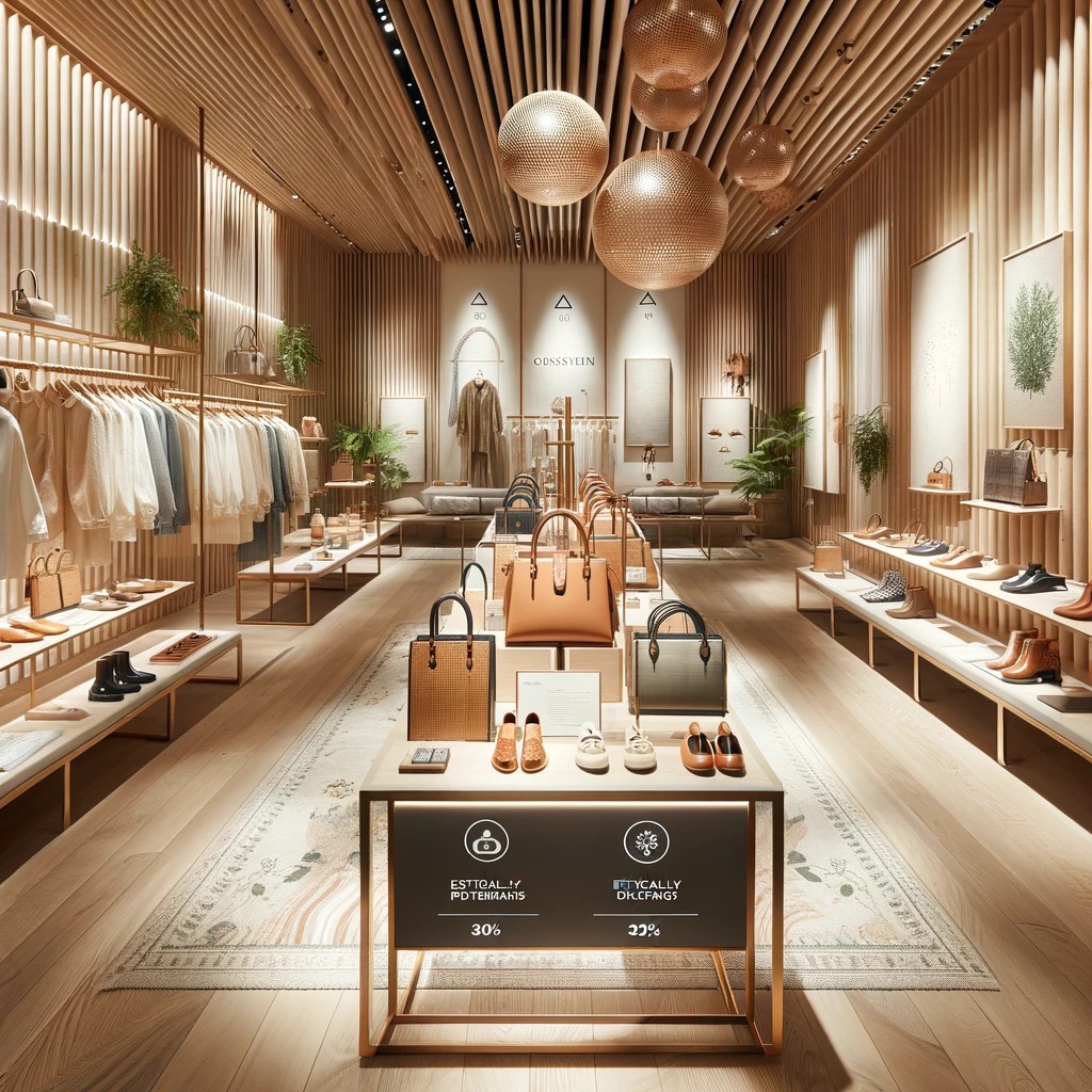 DALL·E 2024-05-15 12.40.45 - A luxury fashion store interior with sustainable and ethically sourced products. The store is modern and elegant, featuring high-end eco-friendly mate