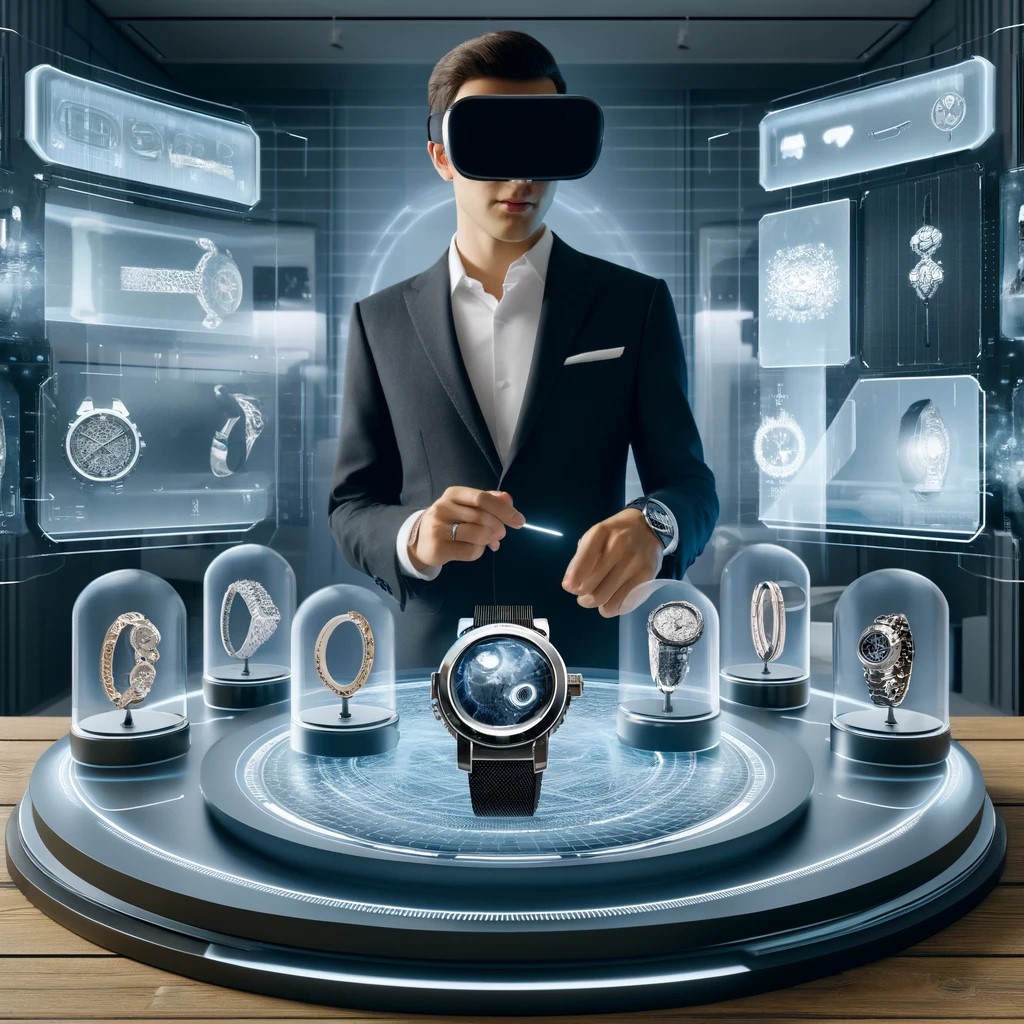 DALL·E 2024-05-15 12.40.47 - An immersive digital luxury shopping experience, showcasing a user interacting with a virtual reality interface to try on luxury watches and jewelry. 