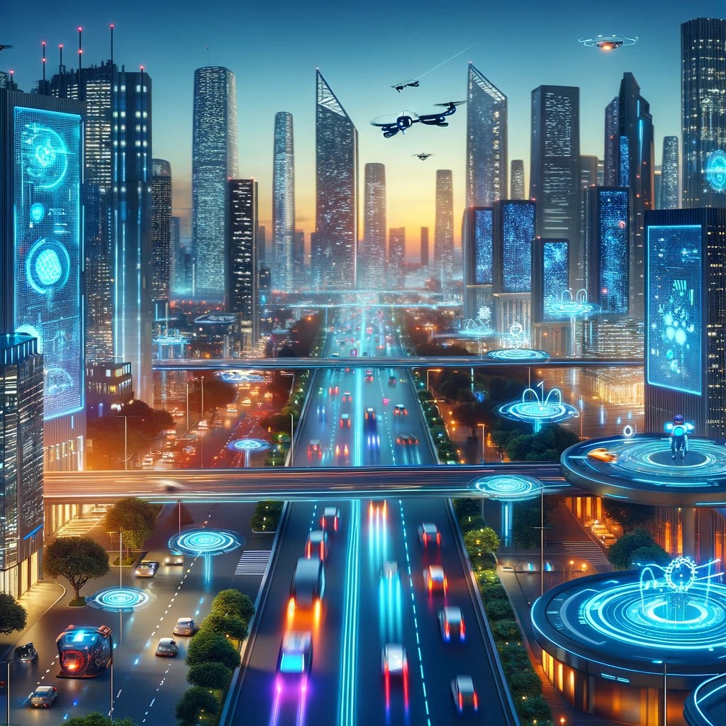 DALL·E 2024-06-05 12.39.53 - A futuristic cityscape at dusk with glowing lights and autonomous vehicles moving along smart roads, depicting a high-tech environment infused with ad