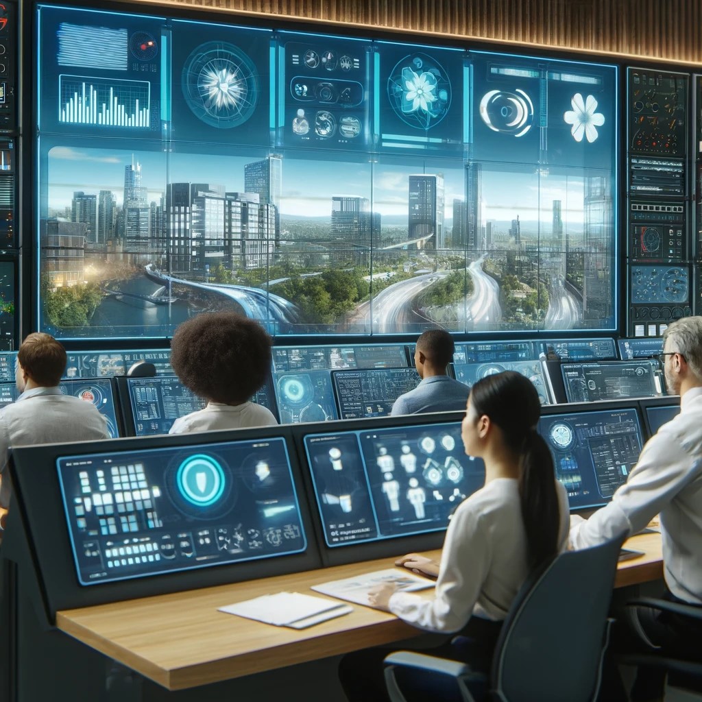 DALL·E 2024-06-06 17.33.02 - A futuristic smart city control center with diverse team of operators monitoring urban operations on large digital screens. The control center feature