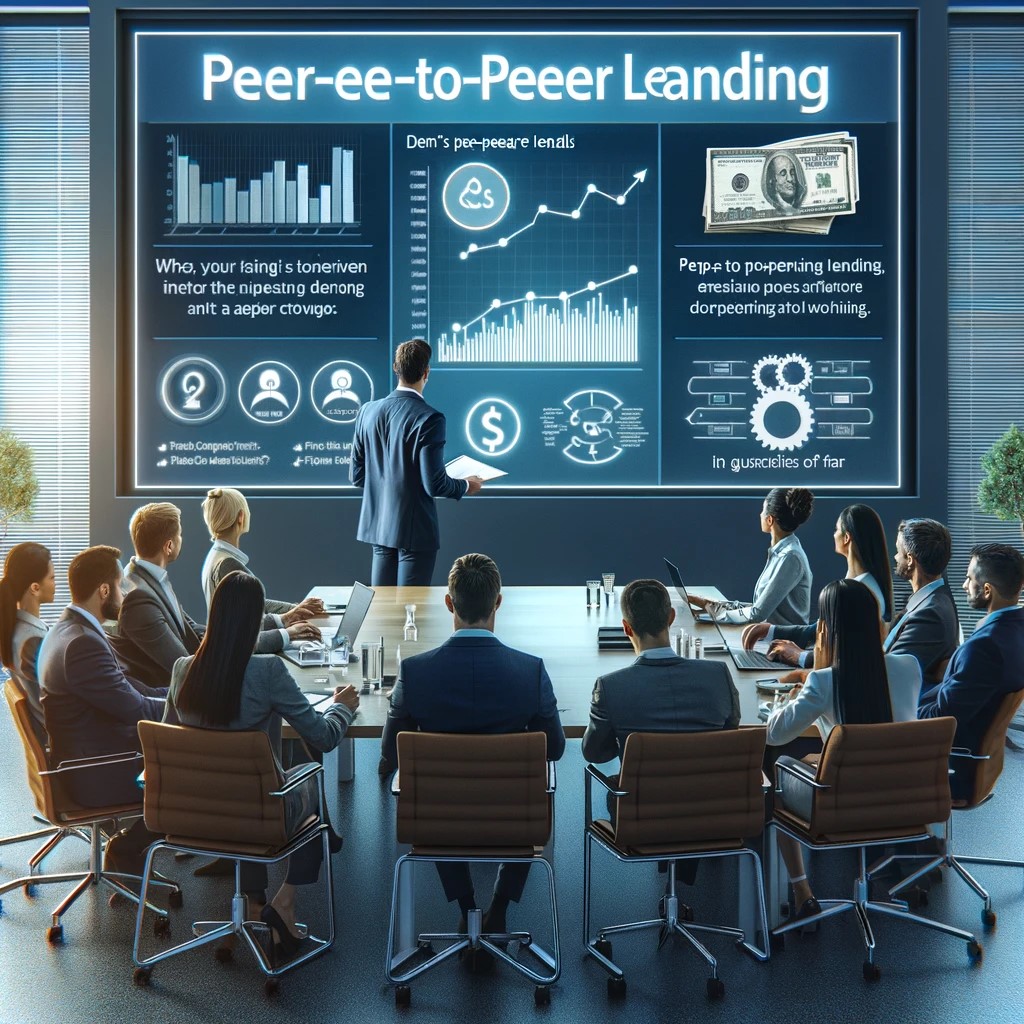 DALL·E 2024-06-04 21.22.52 - An informative seminar on the benefits and mechanics of peer-to-peer lending, held in a modern conference room. A financial expert is presenting to an