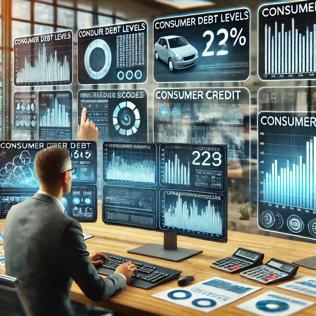 DALL·E 2024-07-09 11.07.44 - A financial analyst at a modern workspace analyzing consumer credit trends on multiple digital screens. The screens display graphs and charts about co