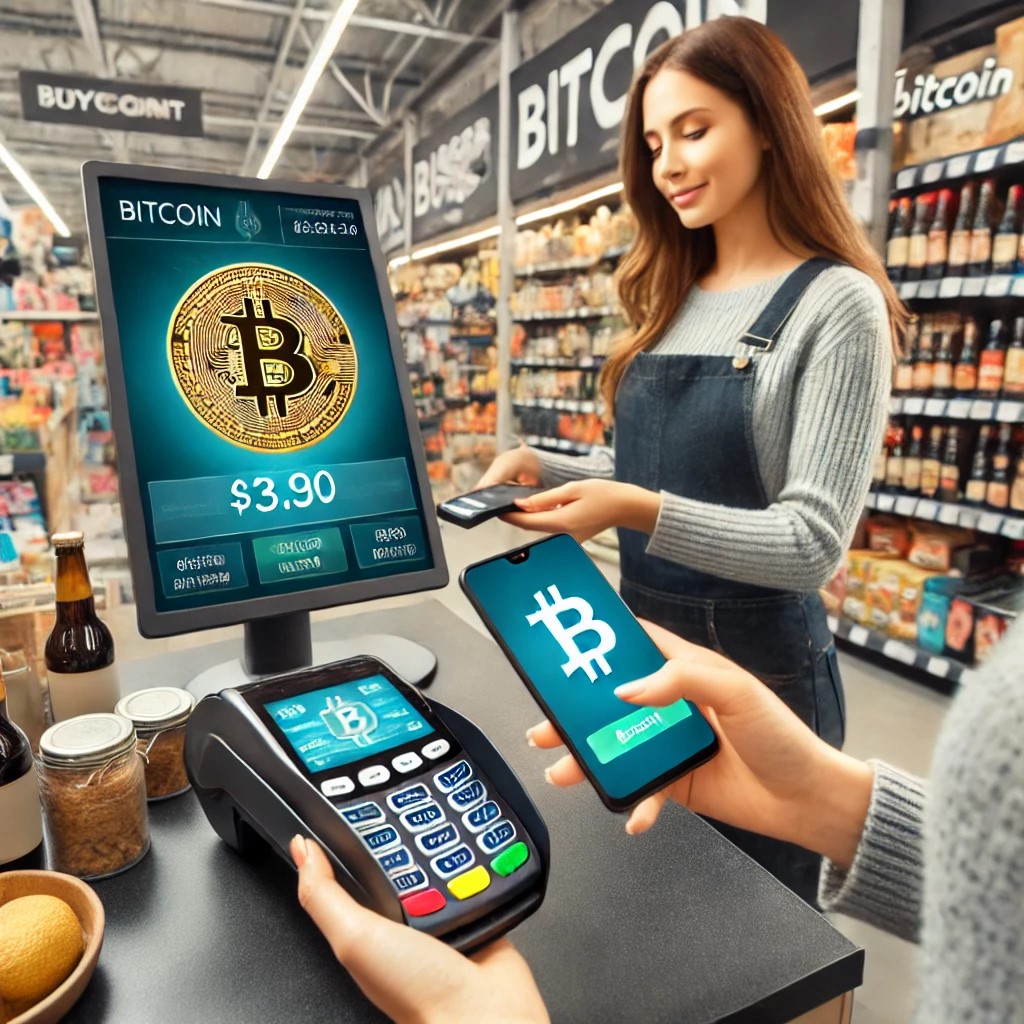 DALL·E 2024-07-03 18.47.18 - A vibrant scene at a retail store where a customer is making a payment using cryptocurrency through a digital wallet on a smartphone. The cashier, a y