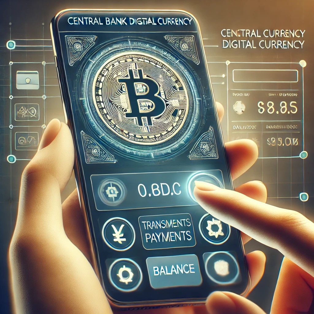 DALL·E 2024-07-07 23.04.15 - A detailed illustration of a digital currency interface on a smartphone, representing a Central Bank Digital Currency (CBDC). The screen displays a us