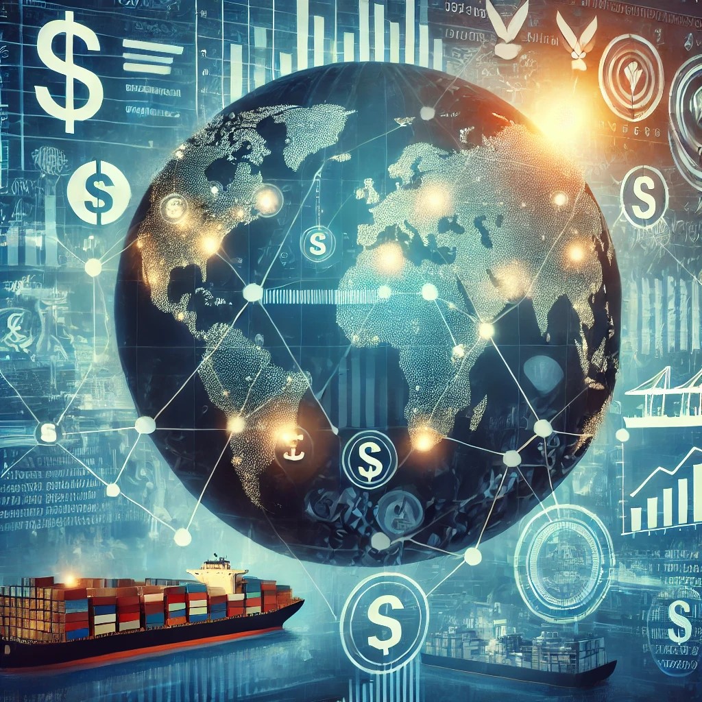 DALL·E 2024-08-16 16.02.44 - An image illustrating the concept of global trade dynamics with a world map highlighting major trade routes, and symbols representing geopolitical ten