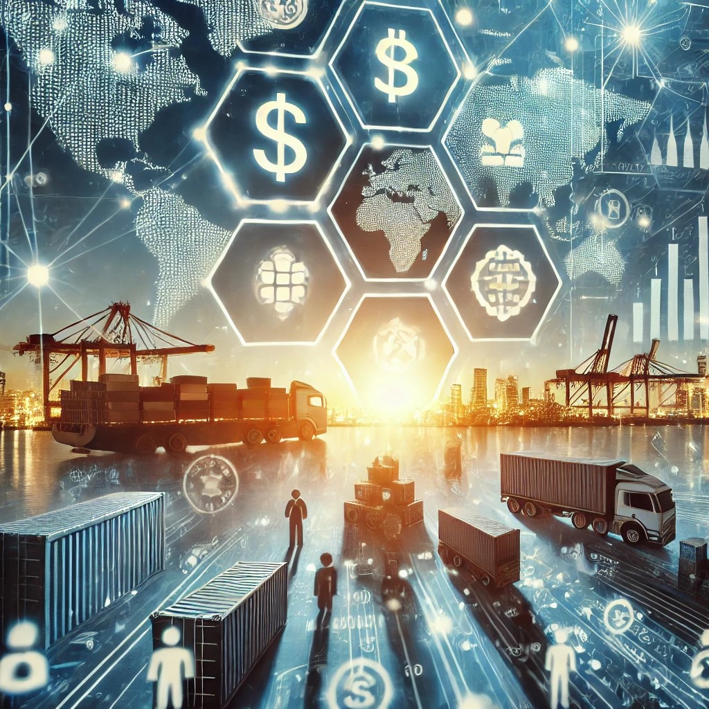 DALL·E 2024-08-16 16.02.47 - An image showing a futuristic representation of trade finance using blockchain technology. The image includes visual elements such as blockchain ledge