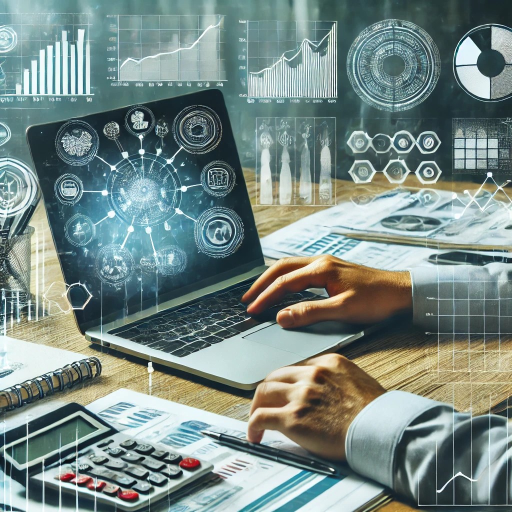 DALL·E 2024-08-16 16.23.22 - An image of a financial planner reviewing a company's budget on a laptop, with visible charts and graphs showing different financial metrics. The back