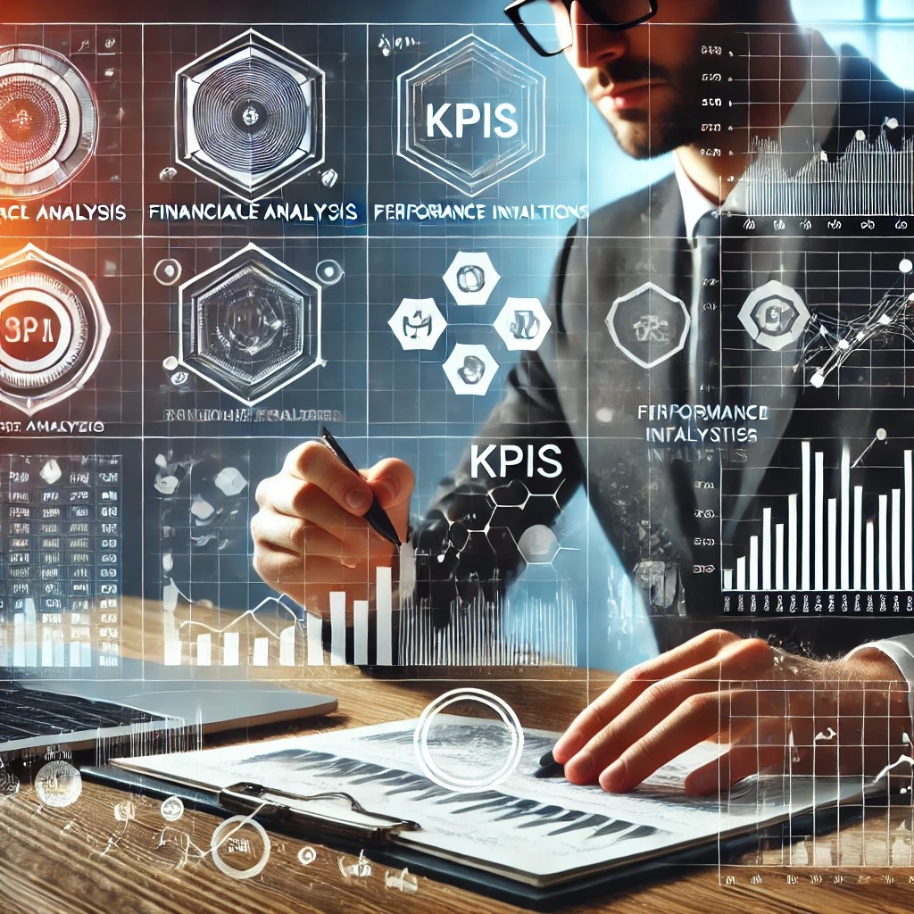 DALL·E 2024-08-16 16.23.24 - An image showing a financial analyst conducting performance analysis, with multiple charts and KPIs (Key Performance Indicators) displayed on a large 